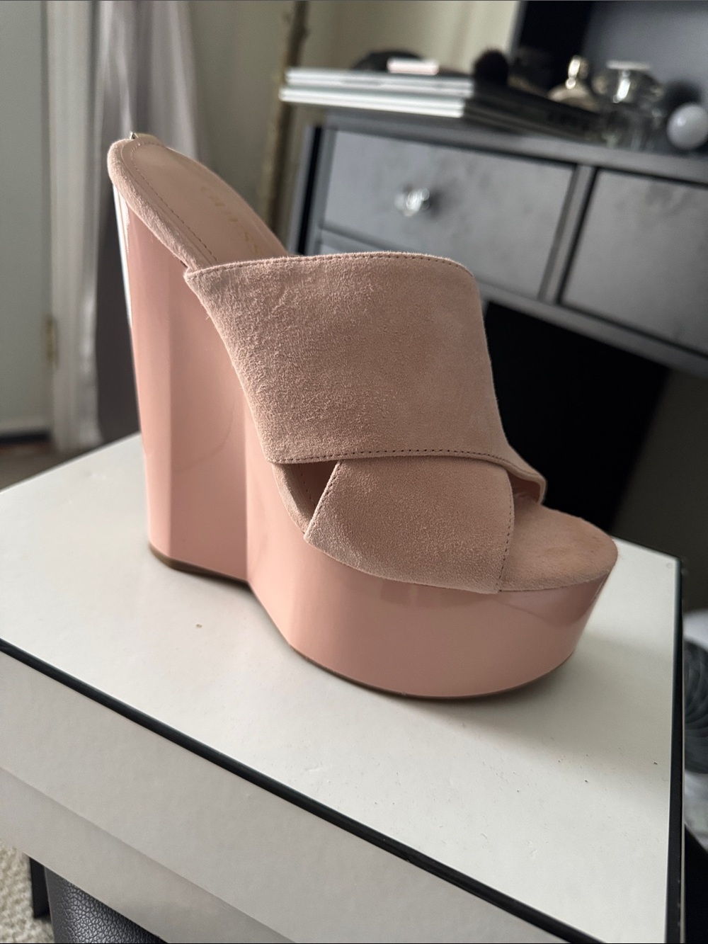 Guess Blush Pink Suede Platform Wedge Slide